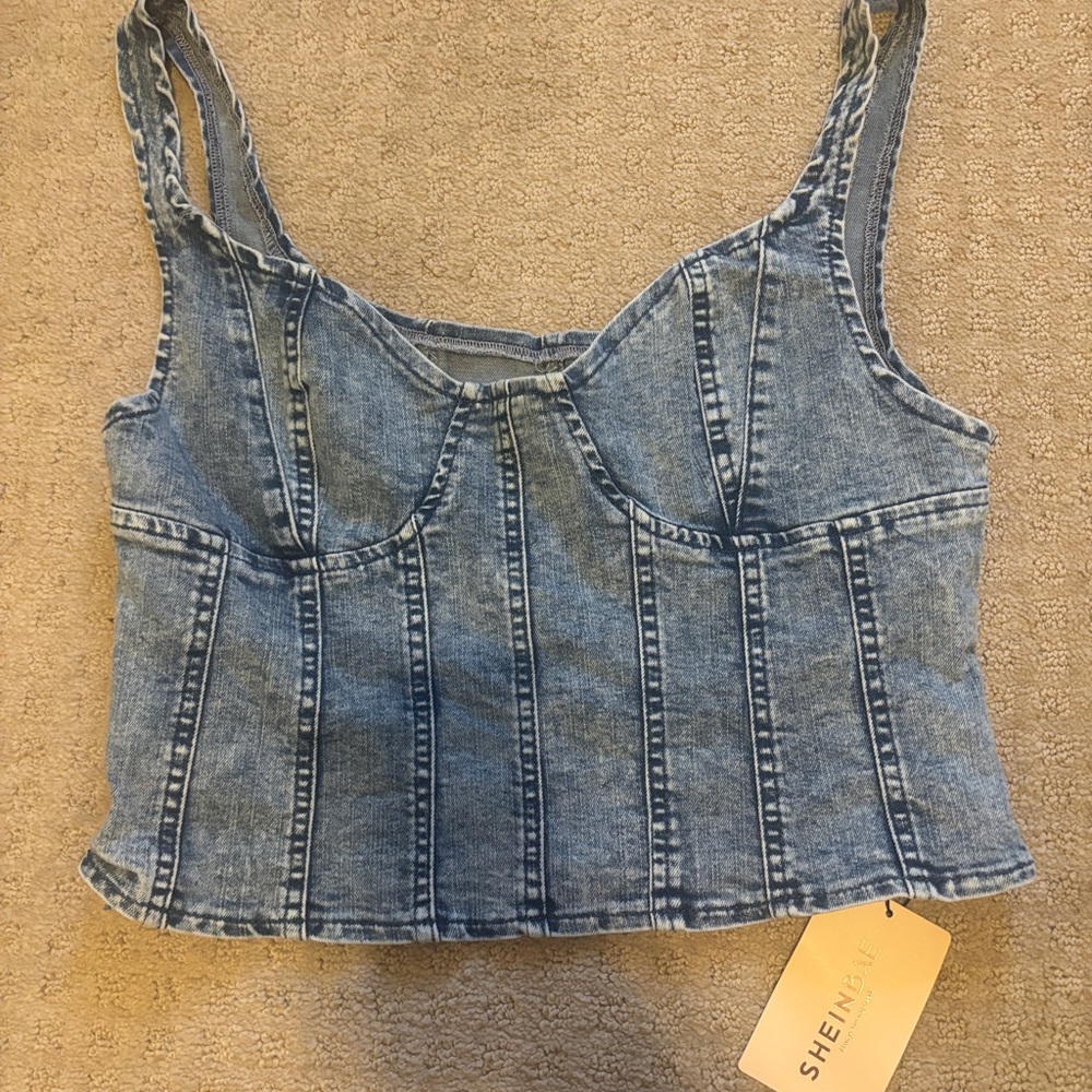 SHEIN Blue Washed Denim Bustier Crop Top corset